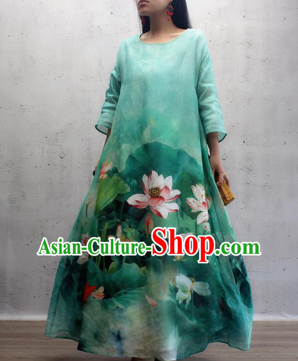 Chinese Traditional Qipao Dress Woman Costume National Printing Lotus Green Cheongsam