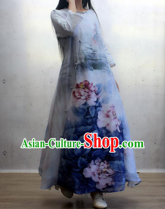 Chinese Traditional Printing Peony Blue Qipao Dress Woman Costume National Slant Opening Cheongsam