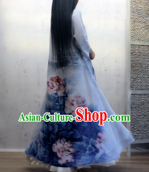 Chinese Traditional Printing Peony Blue Qipao Dress Woman Costume National Slant Opening Cheongsam