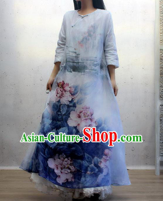 Chinese Traditional Printing Peony Blue Qipao Dress Woman Costume National Slant Opening Cheongsam