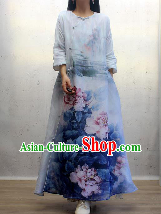 Chinese Traditional Printing Peony Blue Qipao Dress Woman Costume National Slant Opening Cheongsam