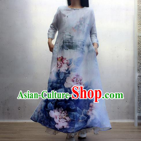 Chinese Traditional Printing Peony Blue Qipao Dress Woman Costume National Slant Opening Cheongsam