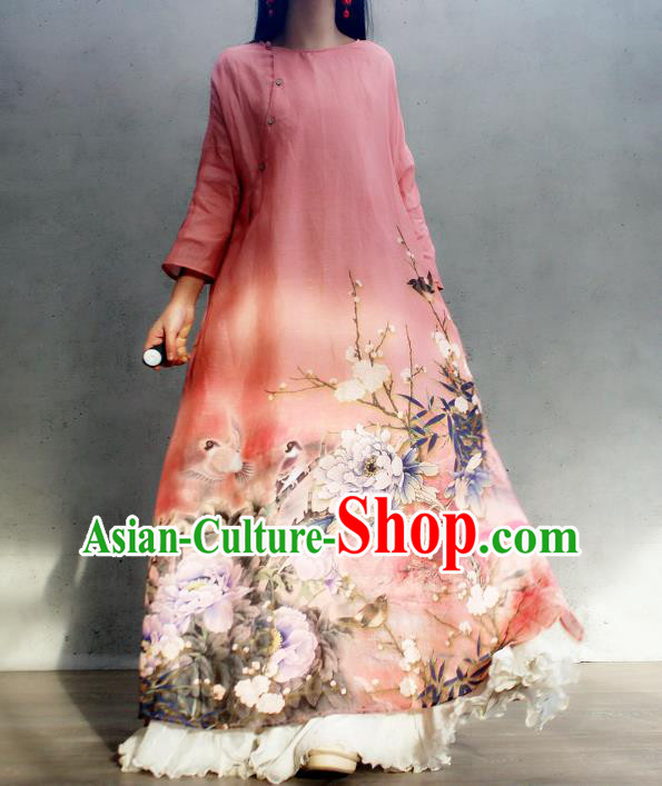 Chinese Traditional Slant Opening Qipao Dress Woman Costume National Printing Peony Pink Cheongsam
