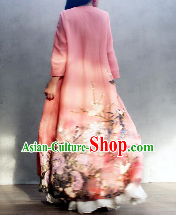 Chinese Traditional Slant Opening Qipao Dress Woman Costume National Printing Peony Pink Cheongsam