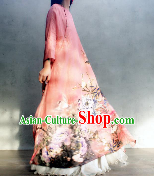 Chinese Traditional Slant Opening Qipao Dress Woman Costume National Printing Peony Pink Cheongsam