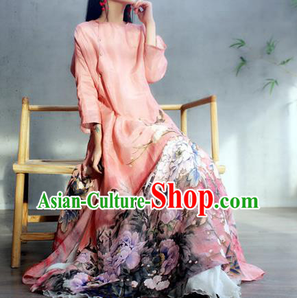 Chinese Traditional Slant Opening Qipao Dress Woman Costume National Printing Peony Pink Cheongsam