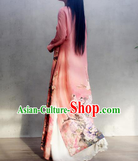 Chinese Traditional Slant Opening Qipao Dress Woman Costume National Printing Peony Pink Cheongsam