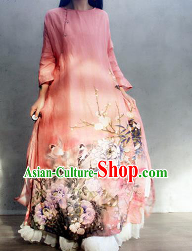 Chinese Traditional Slant Opening Qipao Dress Woman Costume National Printing Peony Pink Cheongsam