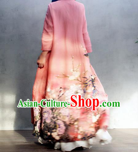 Chinese Traditional Slant Opening Qipao Dress Woman Costume National Printing Peony Pink Cheongsam
