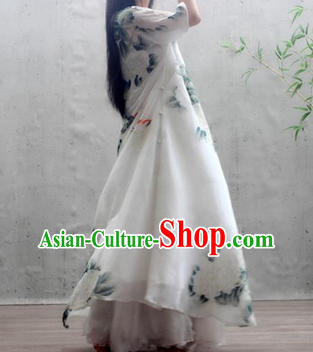 Chinese Traditional Printing Peony Qipao Dress Woman Costume National Stand Collar White Cheongsam