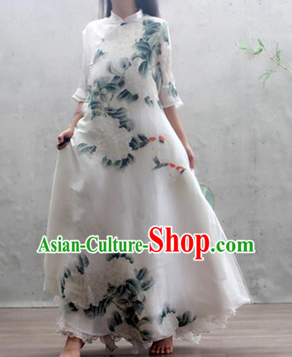 Chinese Traditional Printing Peony Qipao Dress Woman Costume National Stand Collar White Cheongsam