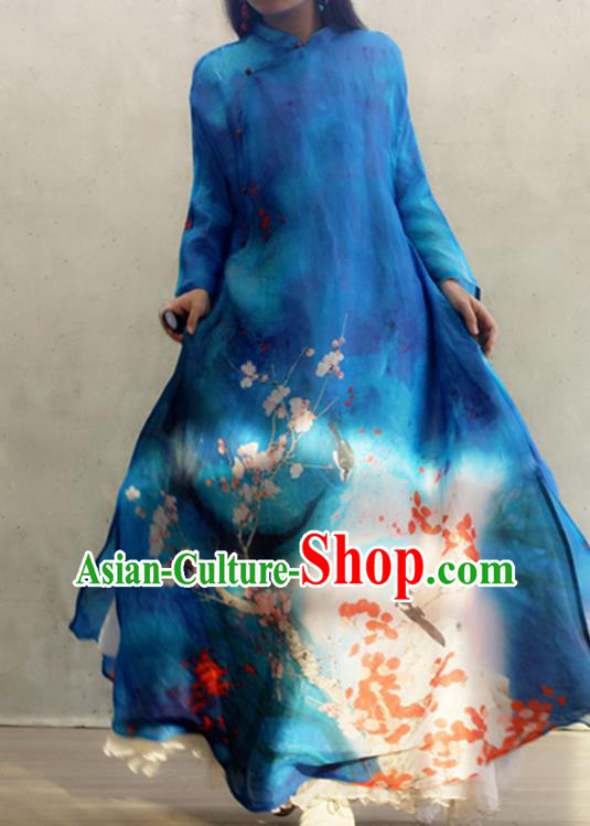 Chinese Traditional Printing Plum Blossom Qipao Dress Woman Costume National Stand Collar Blue Cheongsam
