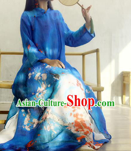 Chinese Traditional Printing Plum Blossom Qipao Dress Woman Costume National Stand Collar Blue Cheongsam