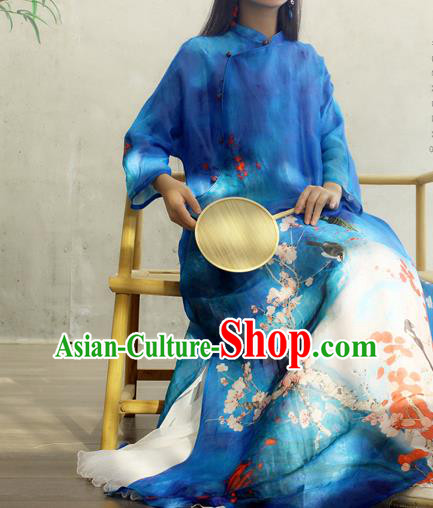 Chinese Traditional Printing Plum Blossom Qipao Dress Woman Costume National Stand Collar Blue Cheongsam