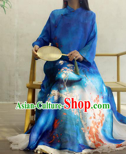Chinese Traditional Printing Plum Blossom Qipao Dress Woman Costume National Stand Collar Blue Cheongsam