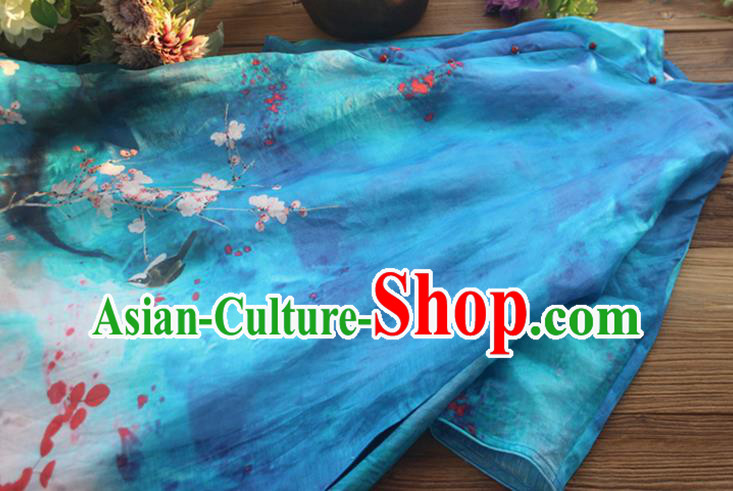 Chinese Traditional Printing Plum Blossom Qipao Dress Woman Costume National Stand Collar Blue Cheongsam