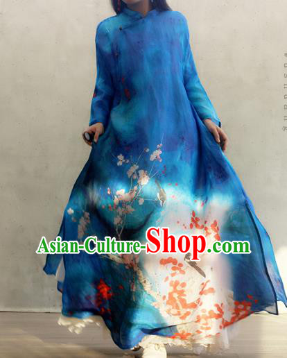 Chinese Traditional Printing Plum Blossom Qipao Dress Woman Costume National Stand Collar Blue Cheongsam