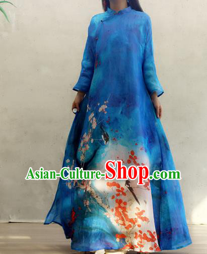 Chinese Traditional Printing Plum Blossom Qipao Dress Woman Costume National Stand Collar Blue Cheongsam