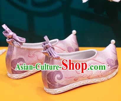 China Traditional Printing Pink Satin Shoes Ming Dynasty Hanfu Shoes Handmade Ancinet Princess Shoes