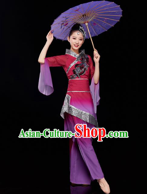 China Traditional Folk Dance Umbrella Dance Purple Outfits Jiaozhou Yangko Dance Performance Clothing