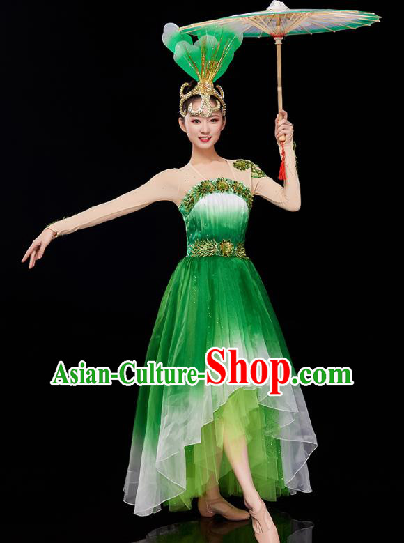 Chinese Woman Group Dance Green Dress Traditional Spring Festival Gala Peony Dance Costume