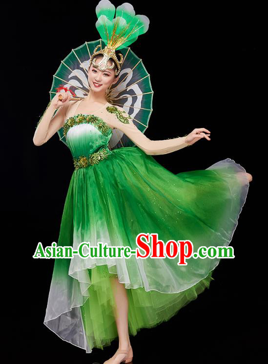 Chinese Woman Group Dance Green Dress Traditional Spring Festival Gala Peony Dance Costume
