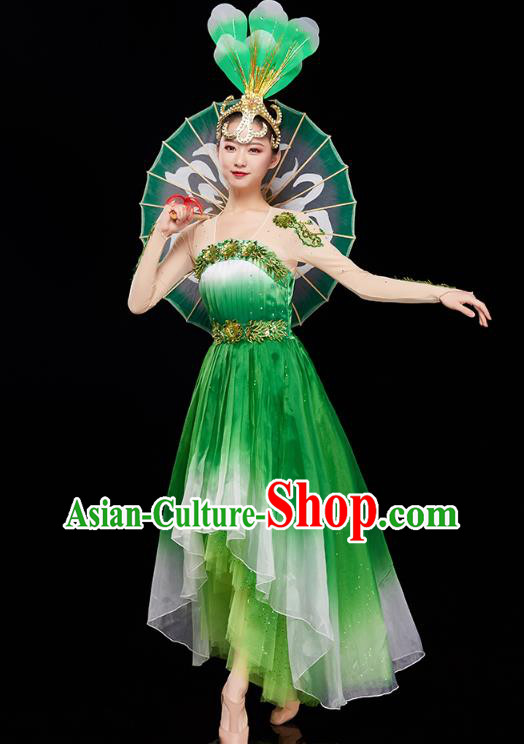 Chinese Woman Group Dance Green Dress Traditional Spring Festival Gala Peony Dance Costume