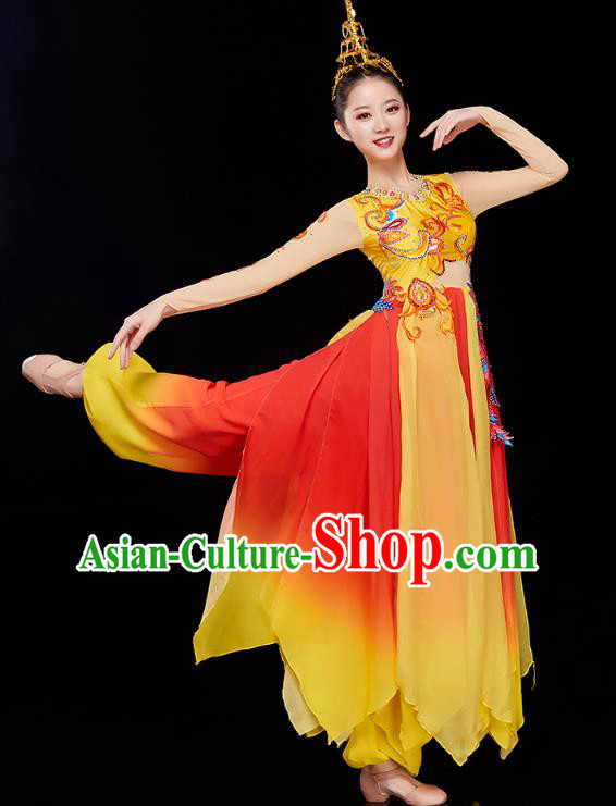 Chinese Woman Modern Dance Group Dance Yellow Dress Traditional Drum Dance Costume