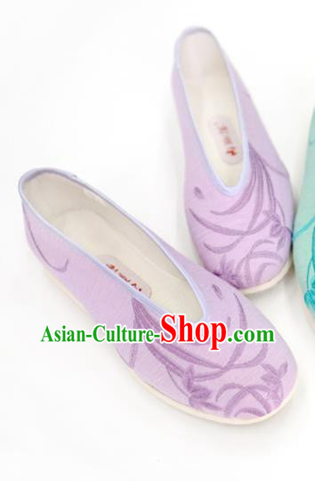 China Embroidered Orchids Shoes Traditional Qing Dynasty Court Lady Shoes Handmade Violet Cloth Shoes