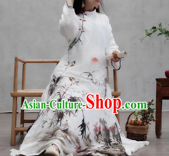 Chinese Traditional White Qipao Dress Woman Costume National Tang Suit Ink Painting Bamboo Cheongsam