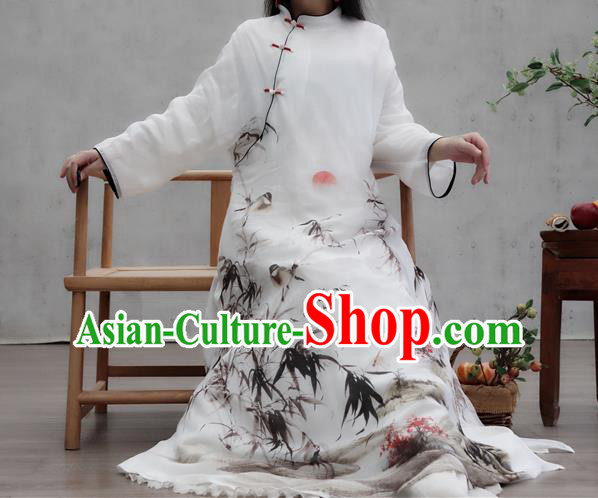 Chinese Traditional White Qipao Dress Woman Costume National Tang Suit Ink Painting Bamboo Cheongsam