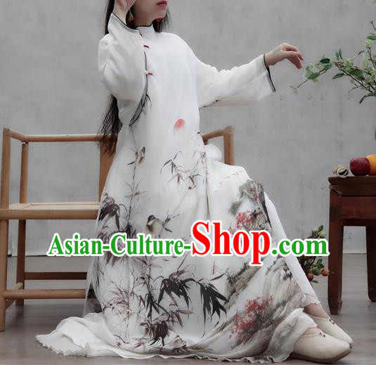 Chinese Traditional White Qipao Dress Woman Costume National Tang Suit Ink Painting Bamboo Cheongsam