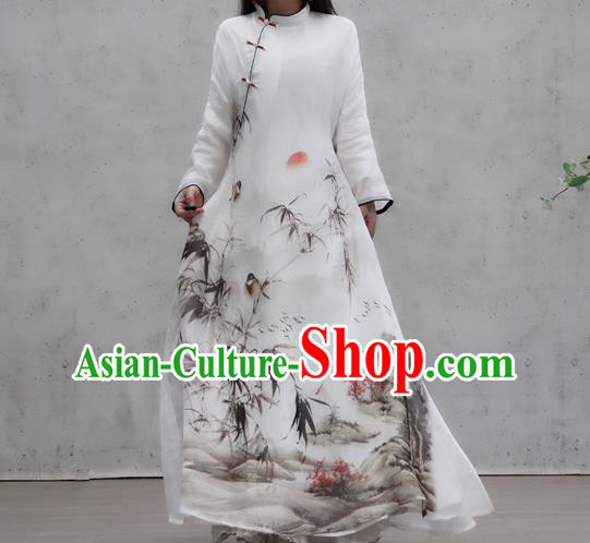 Chinese Traditional White Qipao Dress Woman Costume National Tang Suit Ink Painting Bamboo Cheongsam
