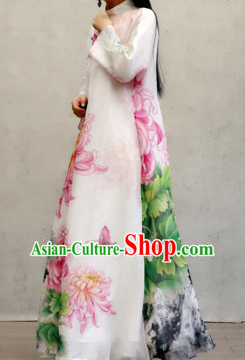 Chinese Traditional Tang Suit Qipao Dress Woman Costume National Printing Chrysanthemum Loose Cheongsam