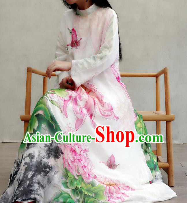 Chinese Traditional Tang Suit Qipao Dress Woman Costume National Printing Chrysanthemum Loose Cheongsam
