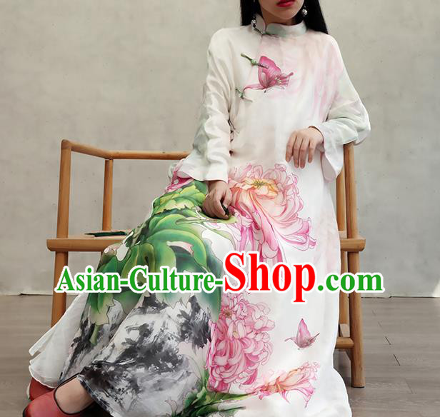 Chinese Traditional Tang Suit Qipao Dress Woman Costume National Printing Chrysanthemum Loose Cheongsam
