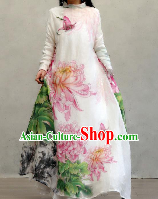Chinese Traditional Tang Suit Qipao Dress Woman Costume National Printing Chrysanthemum Loose Cheongsam