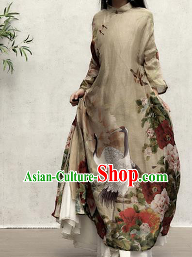 Chinese Traditional Stand Collar Qipao Dress Woman Costume National Printing Crane Peony Khaki Cheongsam