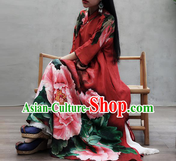 Chinese Traditional Tang Suit Loose Qipao Dress Woman Costume National Printing Peony Red Cheongsam