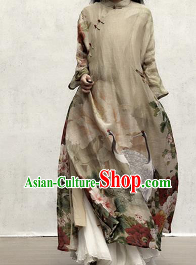 Chinese Traditional Stand Collar Qipao Dress Woman Costume National Printing Crane Peony Khaki Cheongsam