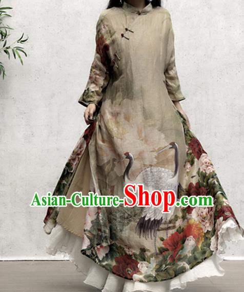 Chinese Traditional Stand Collar Qipao Dress Woman Costume National Printing Crane Peony Khaki Cheongsam
