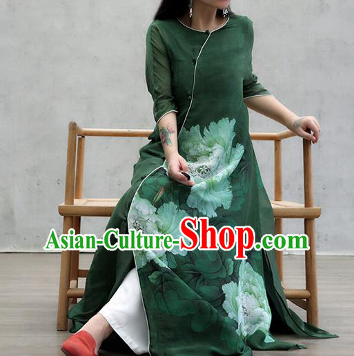 Chinese Traditional Slant Opening Qipao Dress Woman Costume National Printing Peony Green Cheongsam