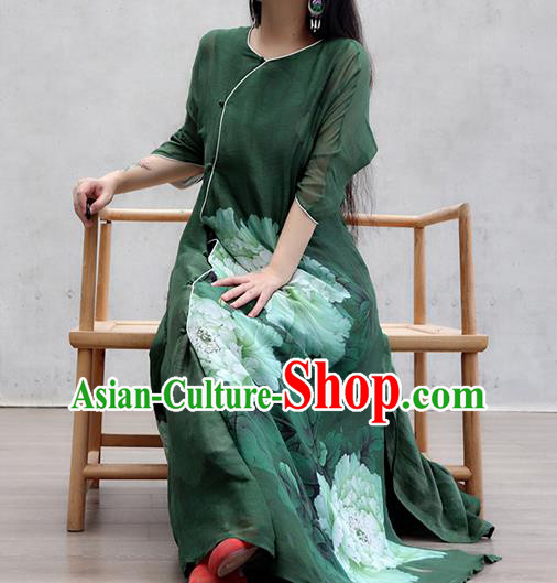 Chinese Traditional Slant Opening Qipao Dress Woman Costume National Printing Peony Green Cheongsam