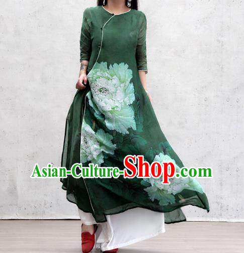 Chinese Traditional Slant Opening Qipao Dress Woman Costume National Printing Peony Green Cheongsam