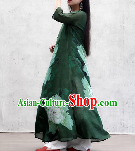Chinese Traditional Slant Opening Qipao Dress Woman Costume National Printing Peony Green Cheongsam