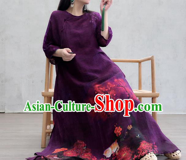 Chinese Traditional Printing Purple Qipao Dress Woman Costume National Slant Opening Cheongsam