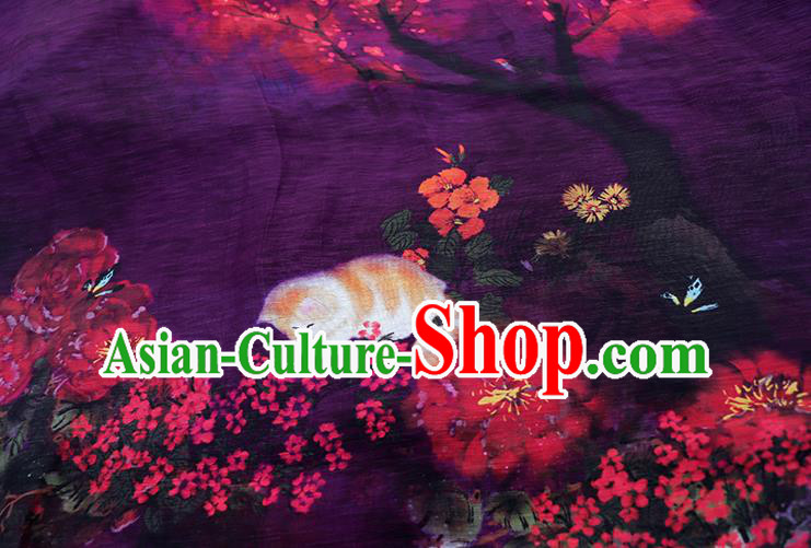 Chinese Traditional Printing Purple Qipao Dress Woman Costume National Slant Opening Cheongsam