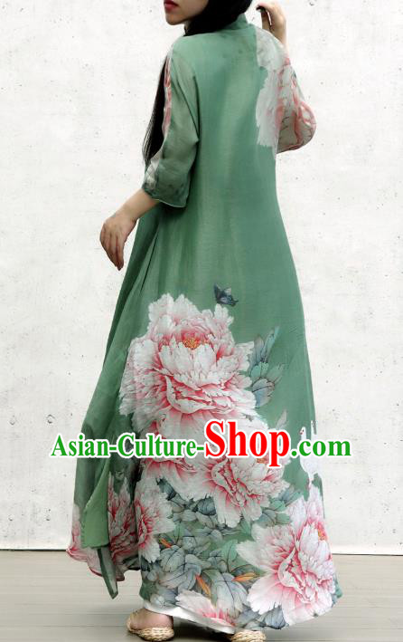 Chinese Traditional Printing Peony Green Qipao Dress Woman Costume National Stand Collar Cheongsam