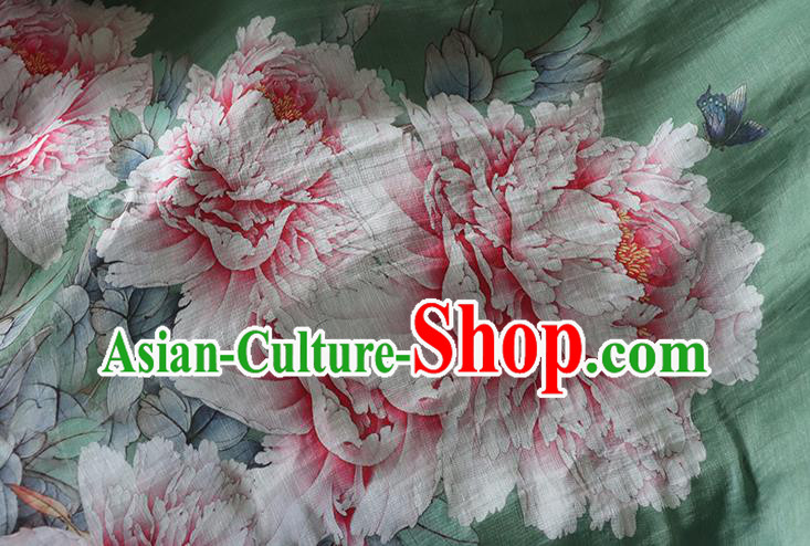Chinese Traditional Printing Peony Green Qipao Dress Woman Costume National Stand Collar Cheongsam