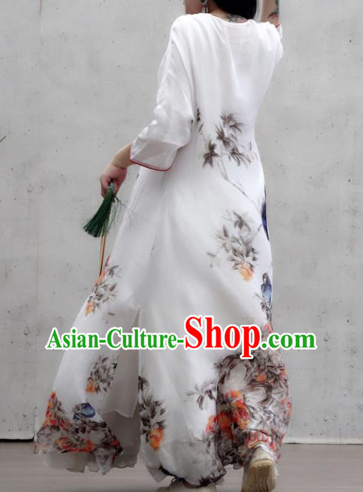Chinese Traditional Slant Opening Qipao Dress Woman Costume National Printing White Cheongsam